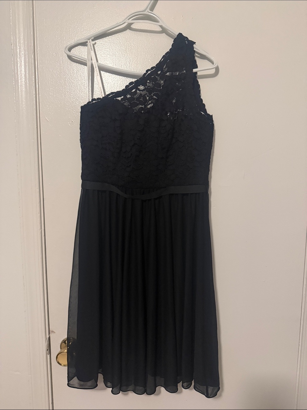 One-Shoulder Black Lace & Chiffon David’s bridal Dress